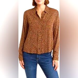 DKNY Jeans Women Pointed Collar Long Sleeve Allover Print Shirt, Black/Tan XXS